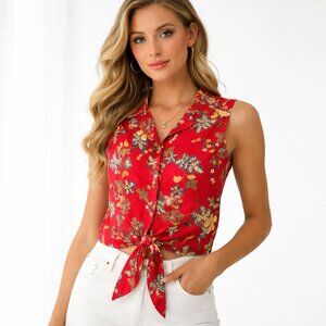 August Silk 100% Silk Red Floral Tie Front Blouse Y2K Sleeveless Top Small